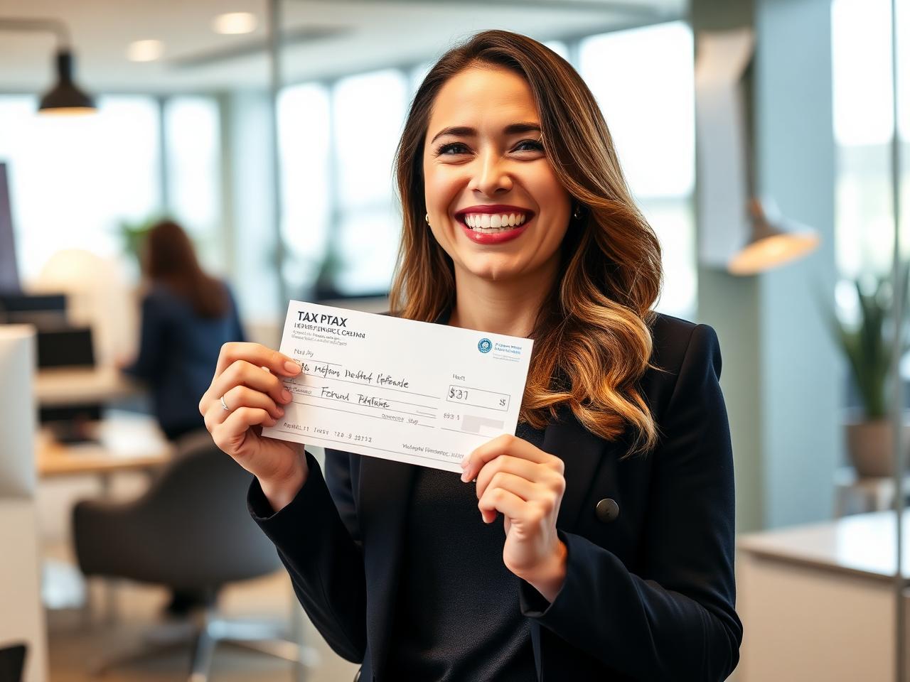 Happy customer holding a large tax refund check